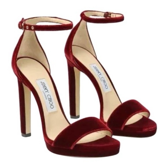 NEW Jimmy Choo Misty 120 Red Velvet Strap Heels - Picture 1 of 8